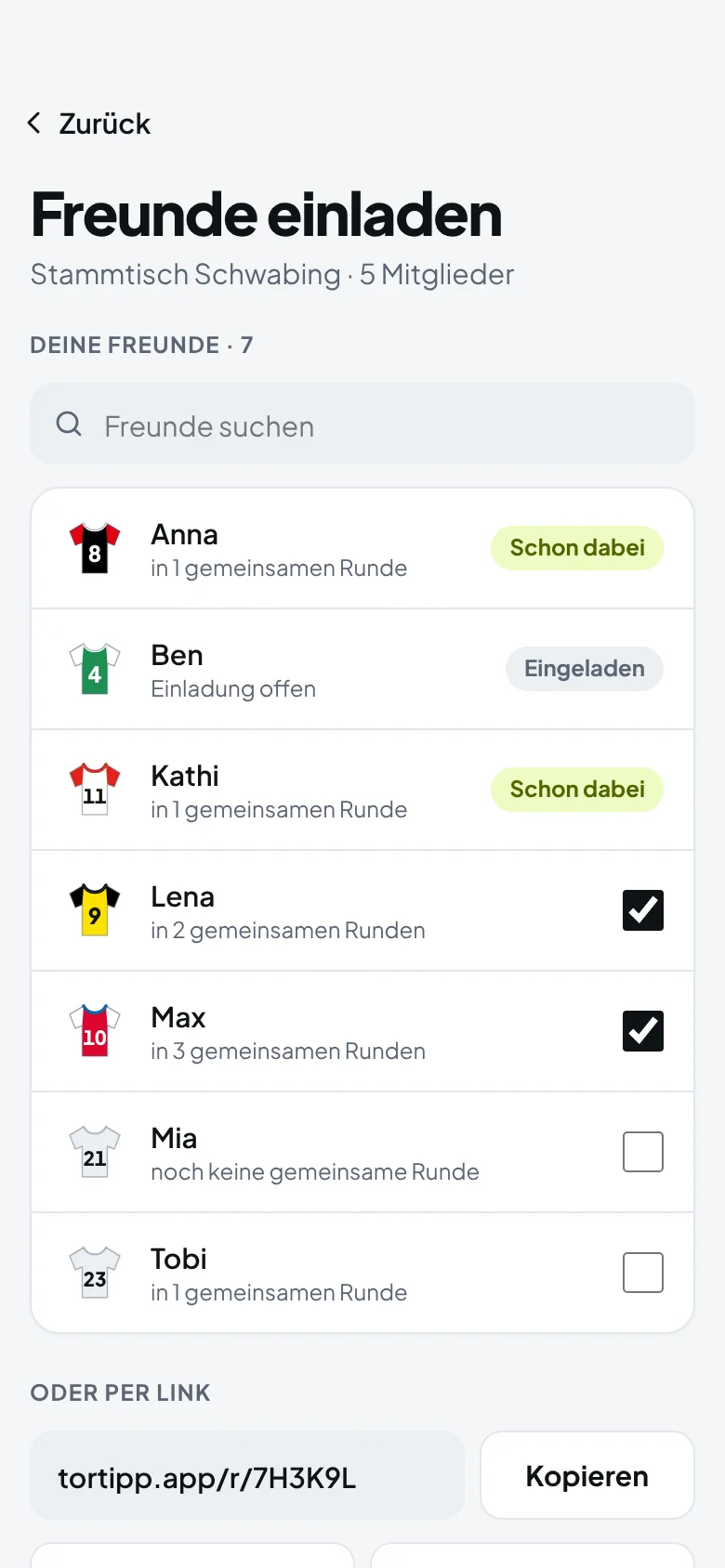 Freunde einladen: Freunde auswählen oder Link kopieren
