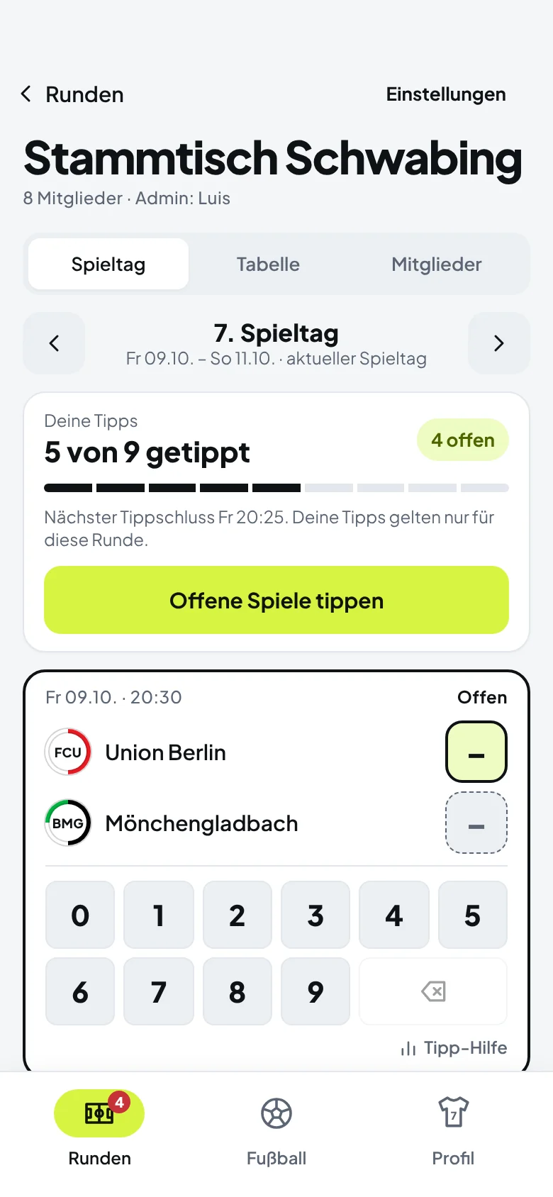Tippen mit Zifferntasten: Union Berlin gegen Mönchengladbach