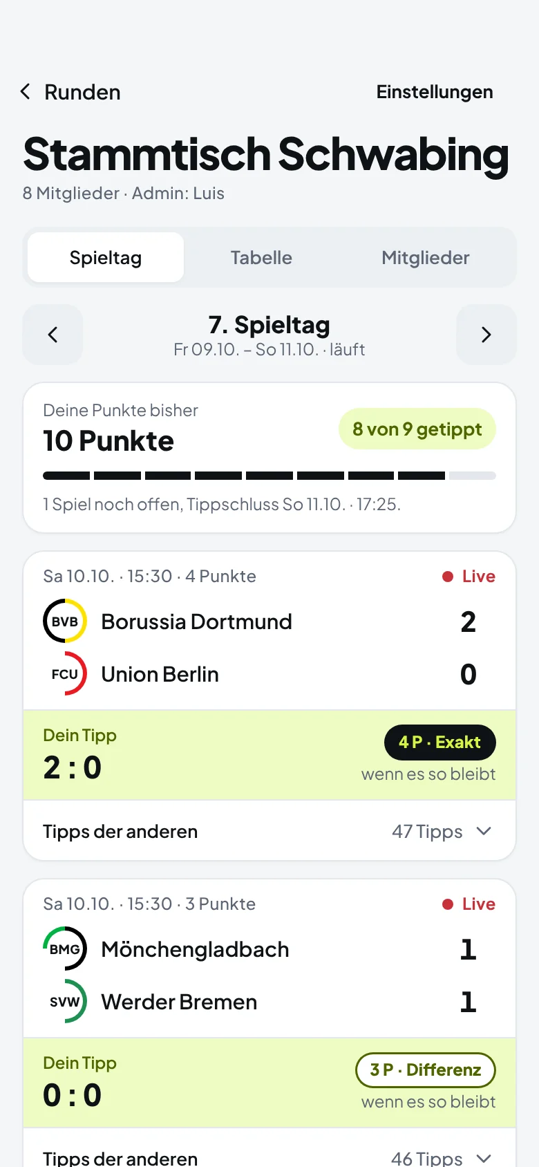 Live-Spiele mit deinem Tipp und den Punkten, wenn es so bleibt