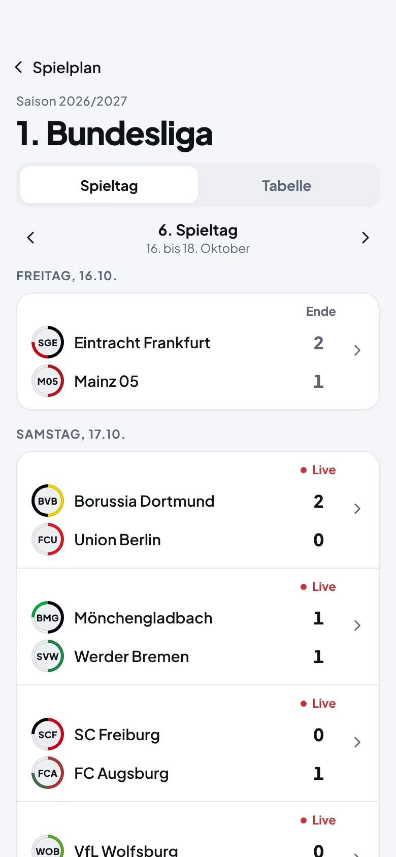 Spielplan der 1. Bundesliga mit Live-Ergebnissen